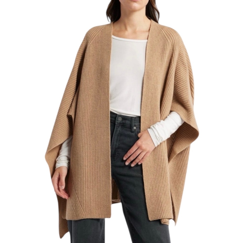 AllSaints Rib Knit Ruana Open Poncho Wrap Camel Brown One Size Excellent